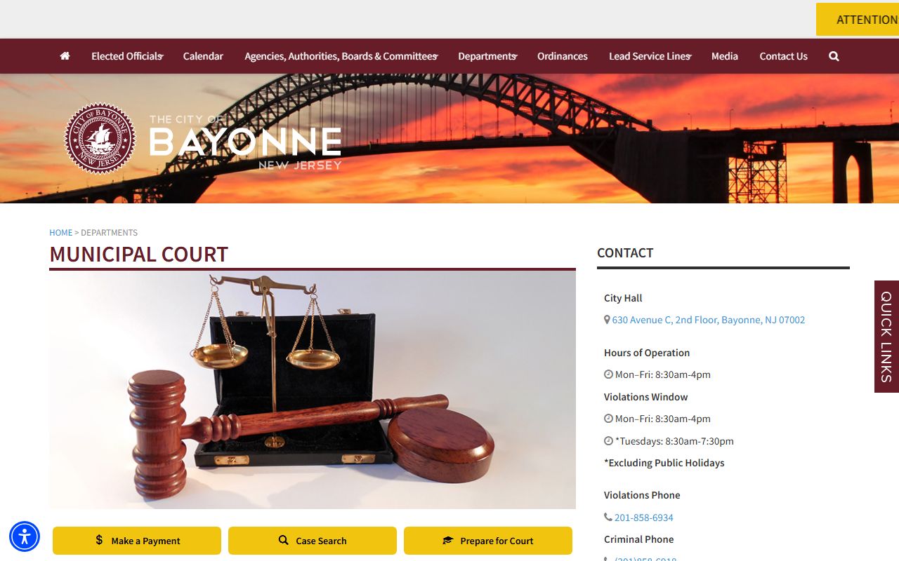 Bayonne Municipal Court page showing local court information separate from probate court records