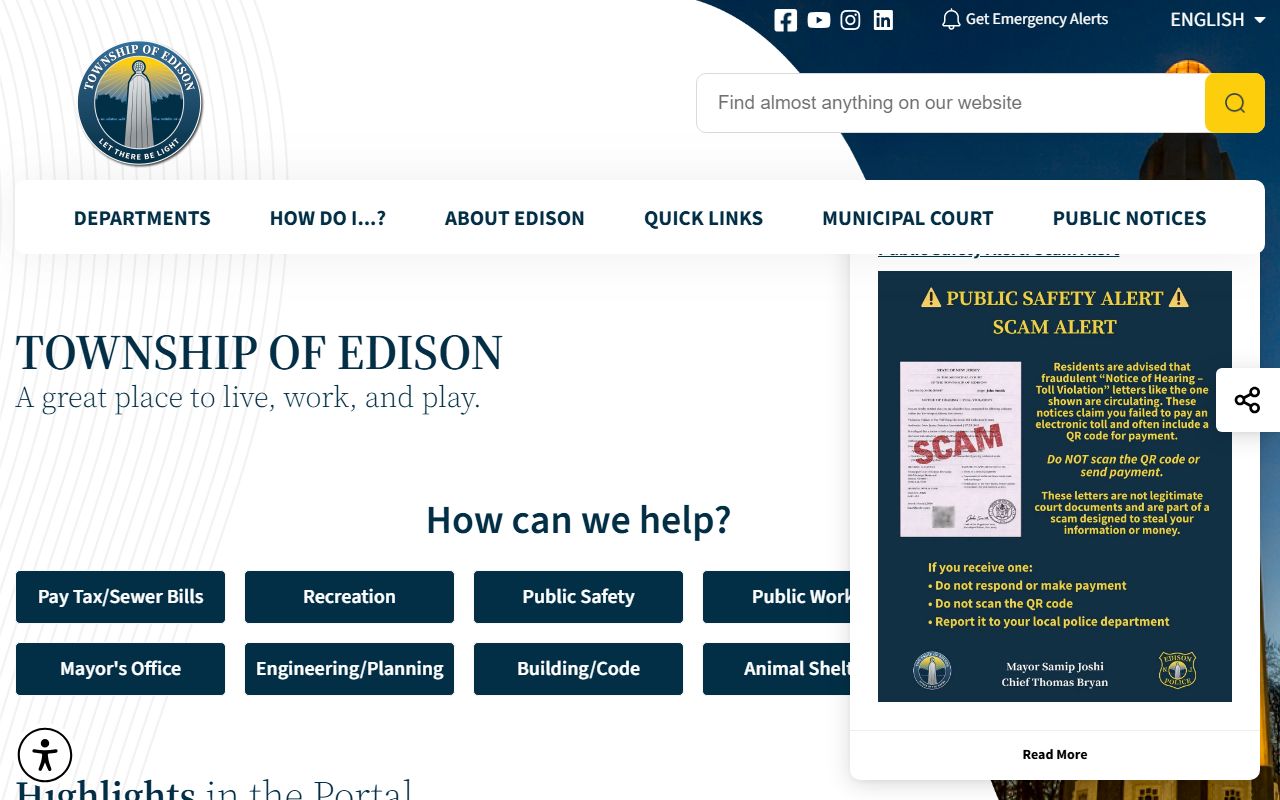 Edison Township official website for probate court records information