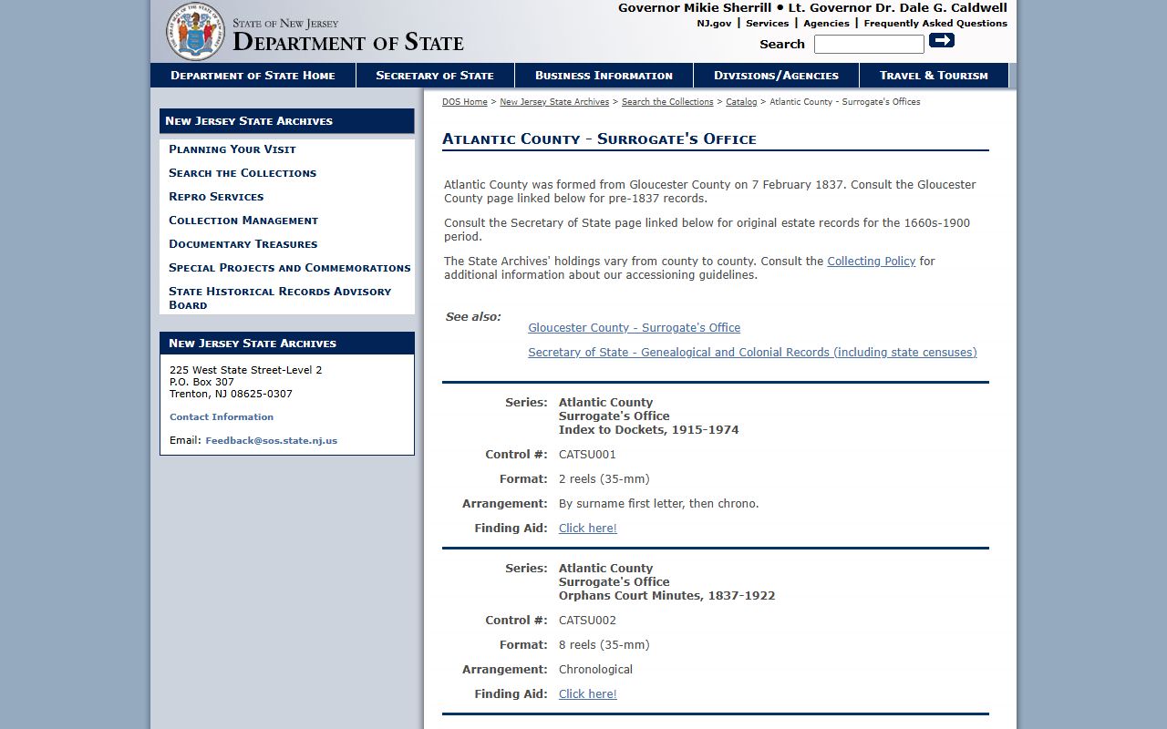 New Jersey State Archives Atlantic County probate court records catalog