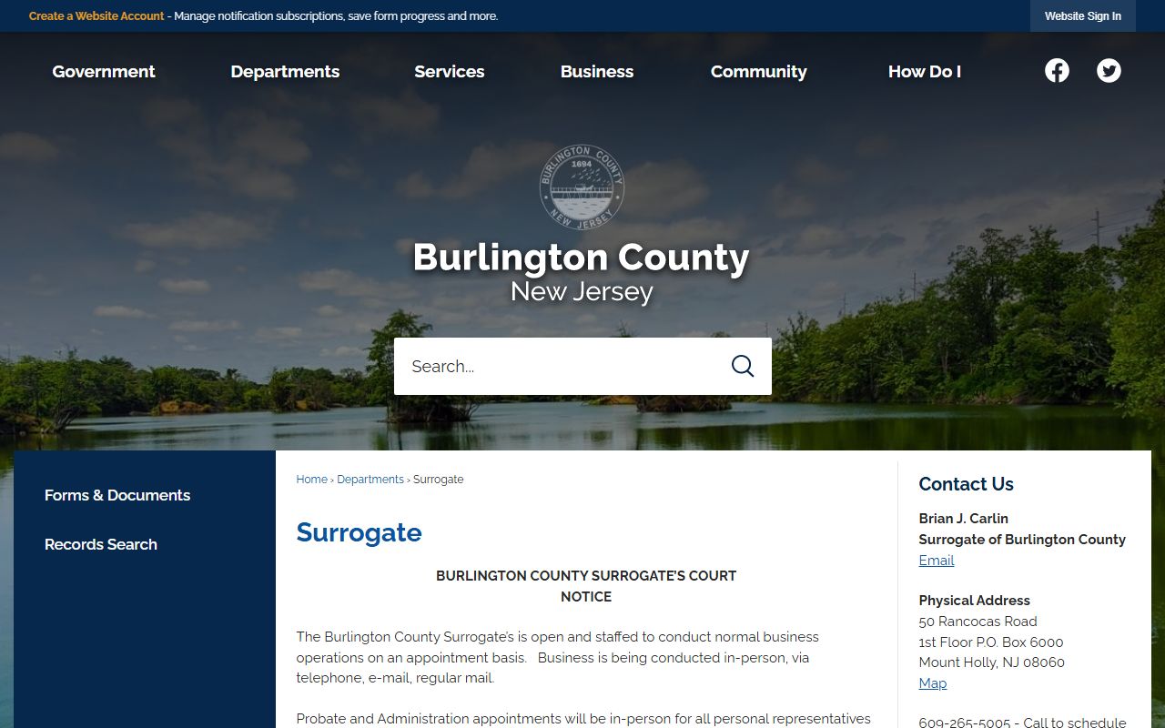Burlington County Surrogate official website showing probate court records information