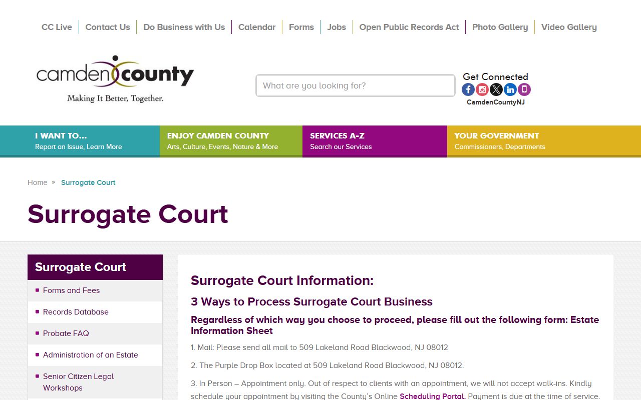 Camden County Surrogate official website for probate court records