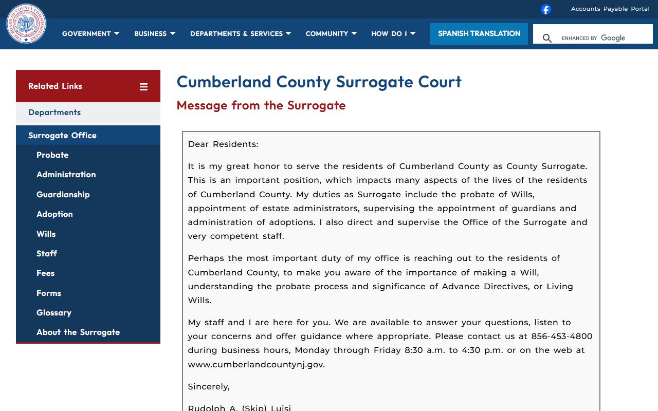Cumberland County Surrogate official website for probate court records