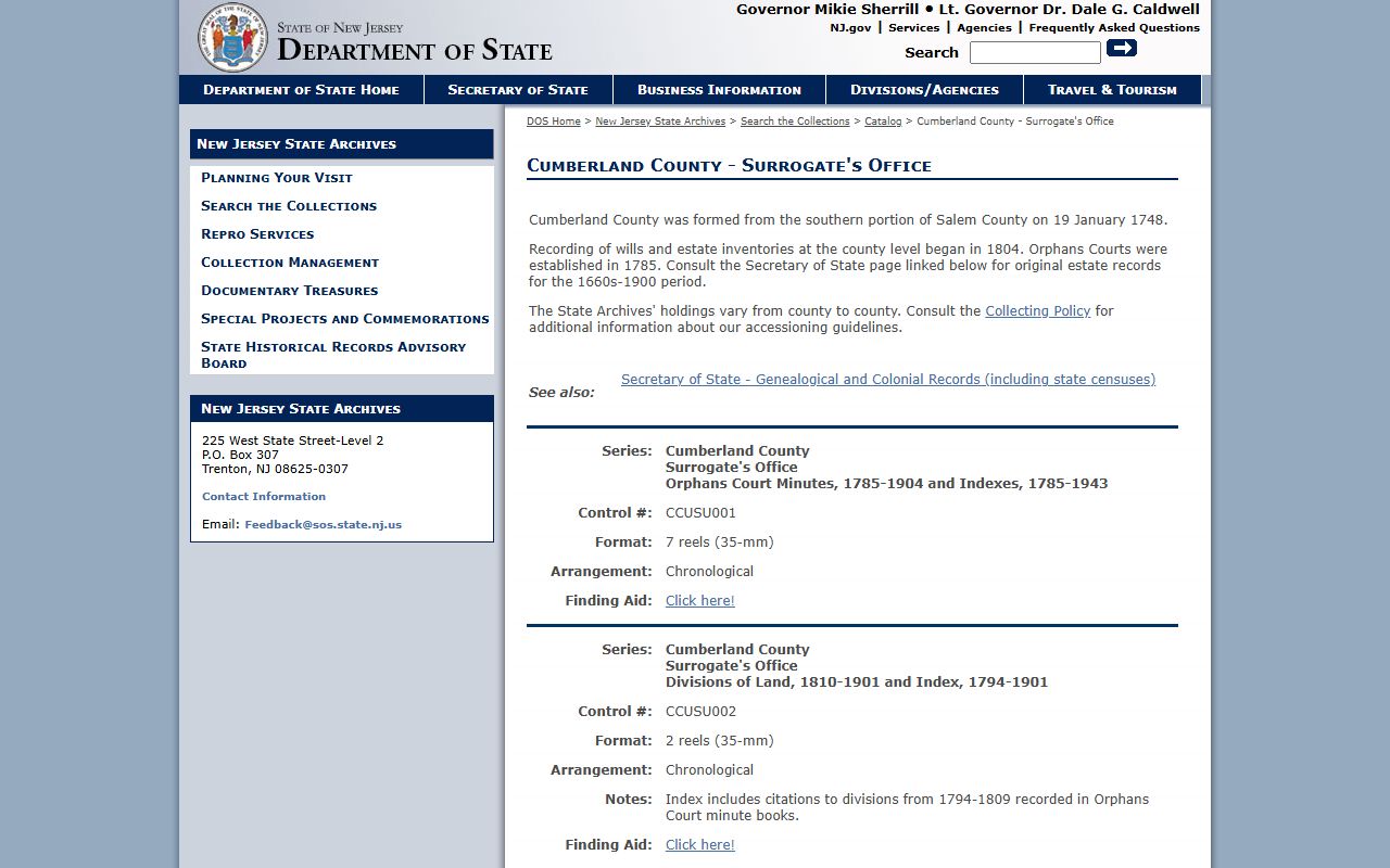 State Archives catalog for Cumberland County probate court records