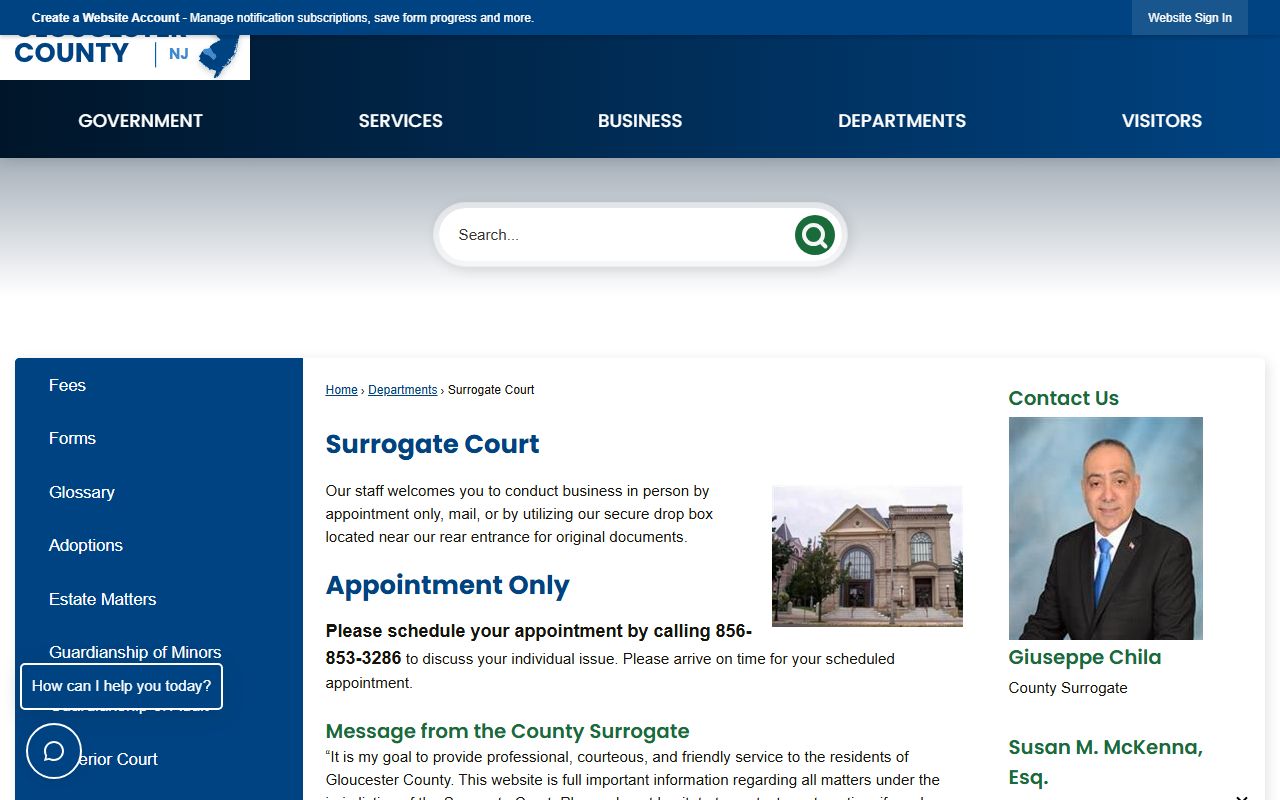 Gloucester County Surrogate's Court official website for probate court records