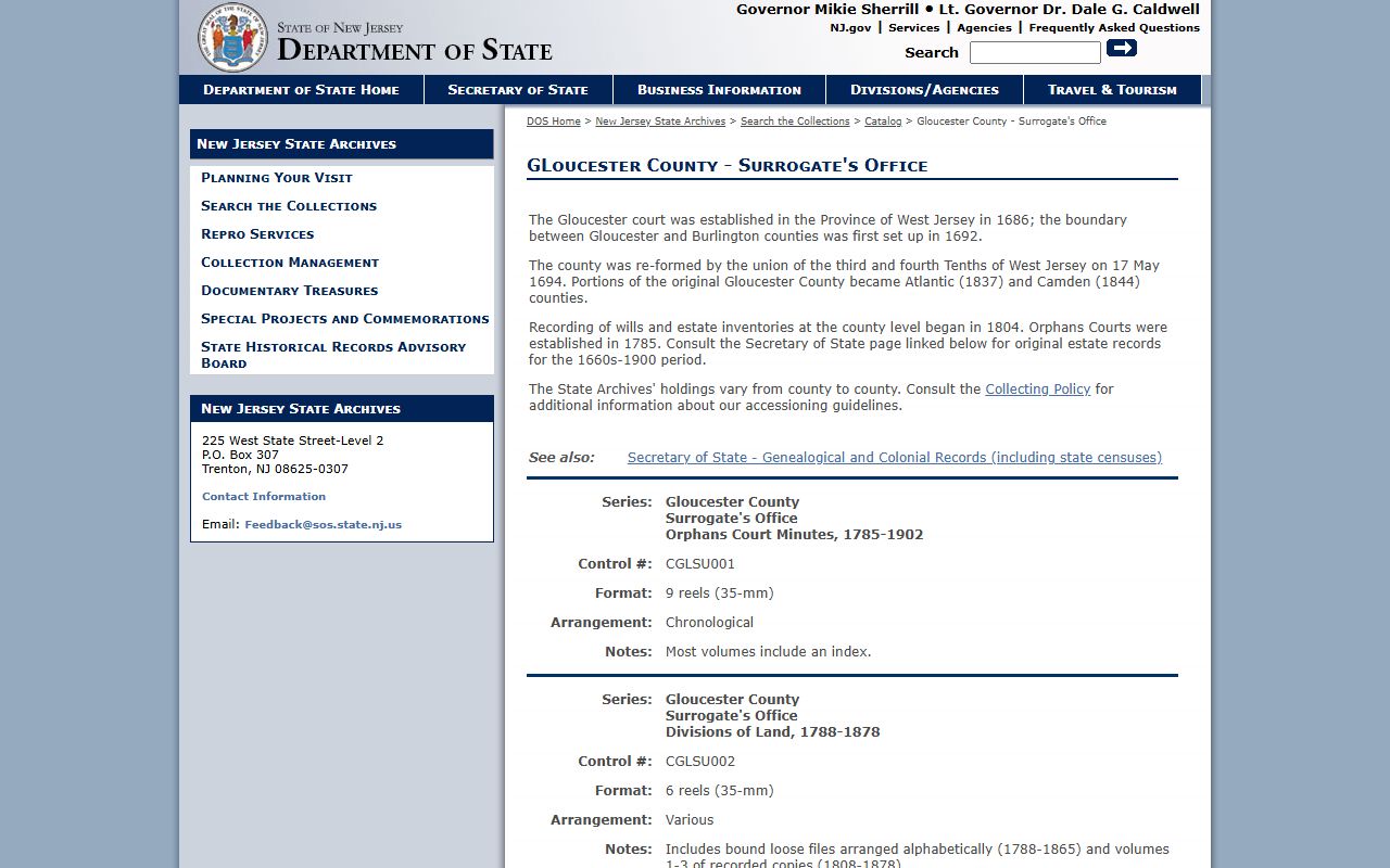 New Jersey State Archives catalog for Gloucester County probate court records