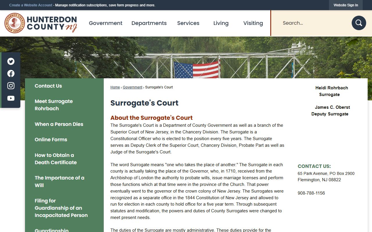 Hunterdon County Surrogate's Court official website for probate court records