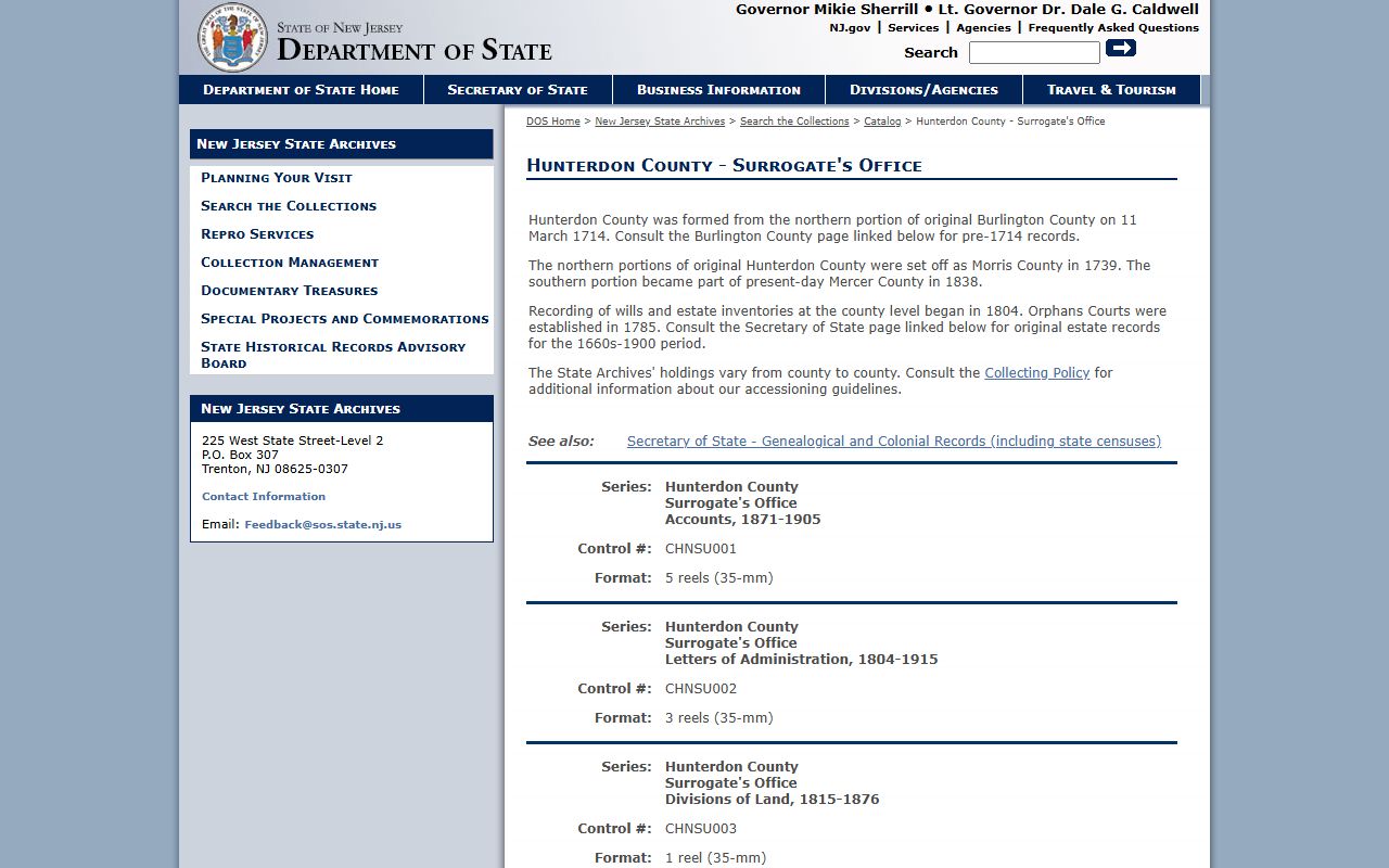 New Jersey State Archives Hunterdon County probate court records catalog
