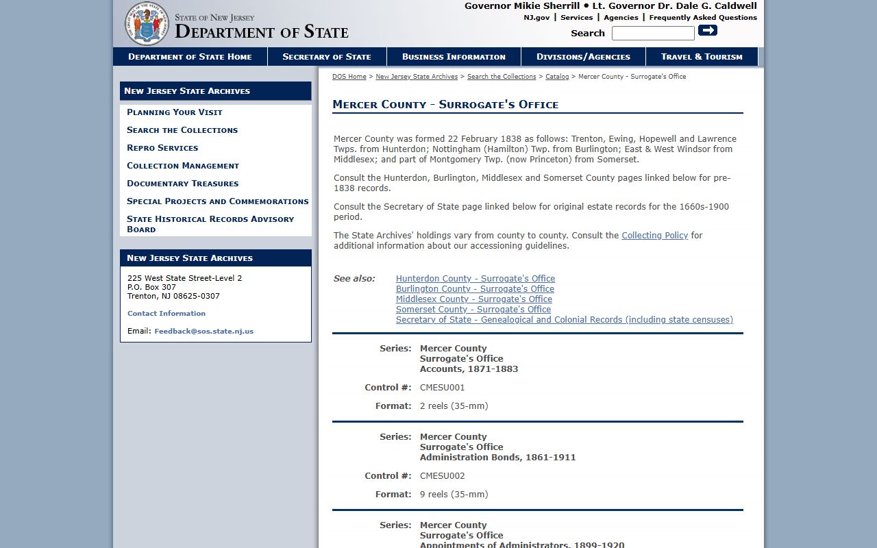 New Jersey State Archives Mercer County probate court records catalog