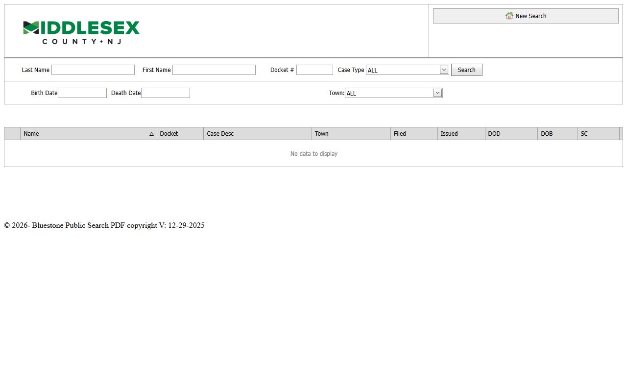 Middlesex County Surrogate online search tool for probate court records