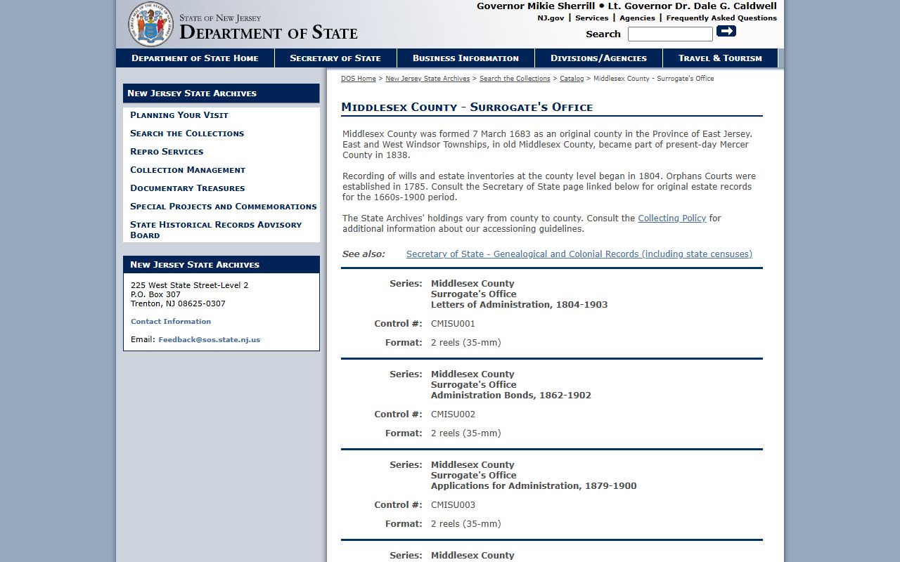 New Jersey State Archives Middlesex County probate court records catalog