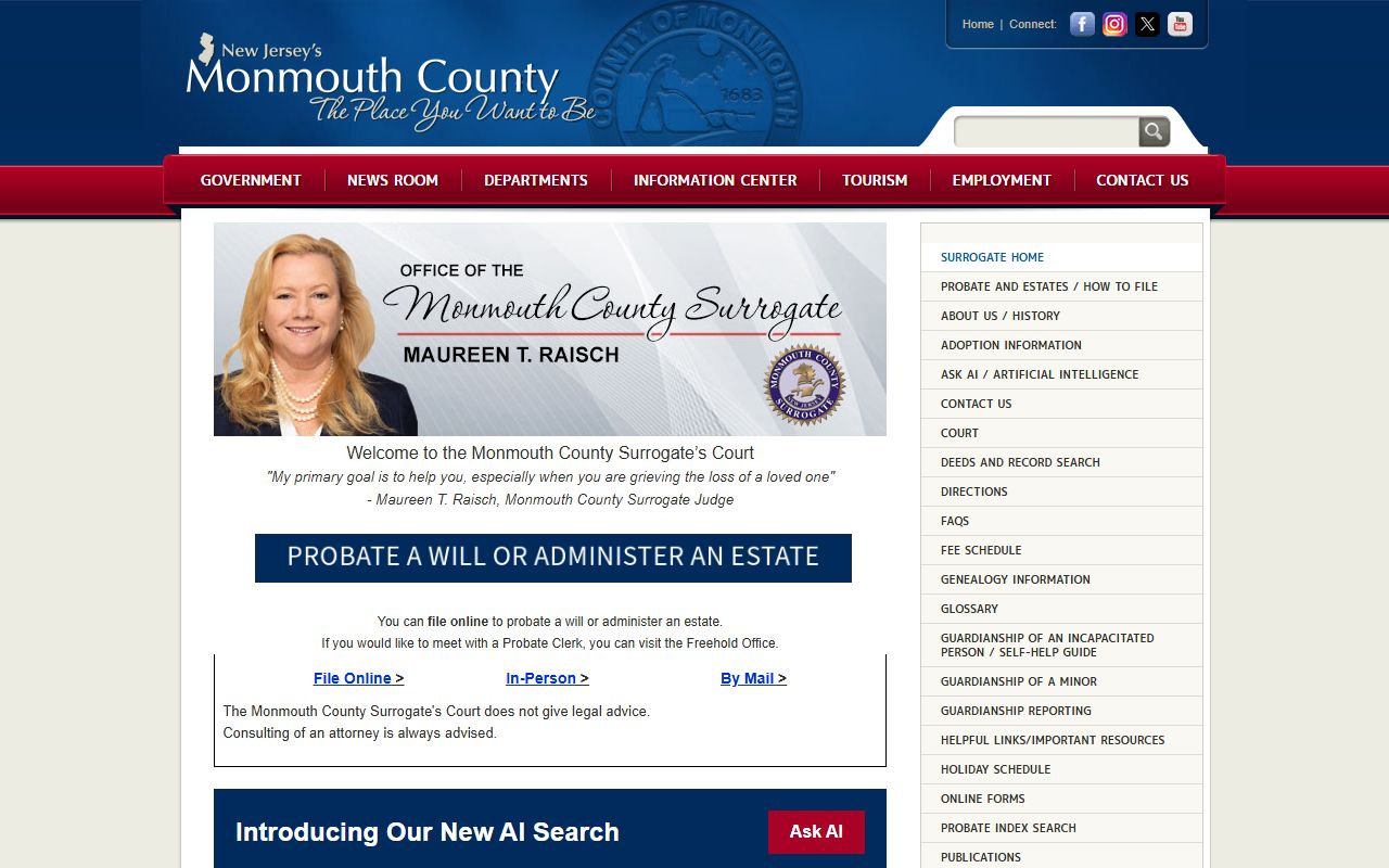 Monmouth County Surrogate's Court official website for probate court records