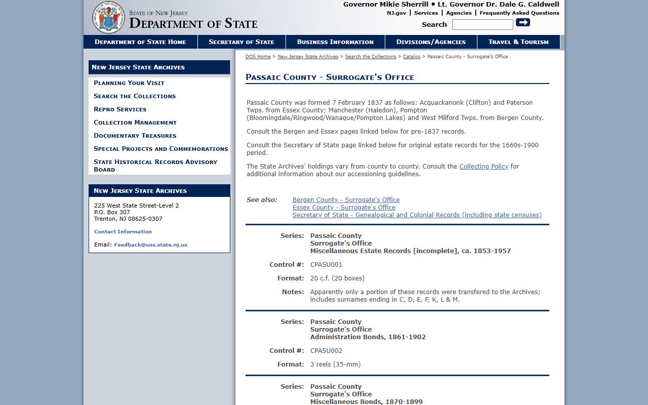 NJ State Archives listing of Passaic County probate court records on microfilm