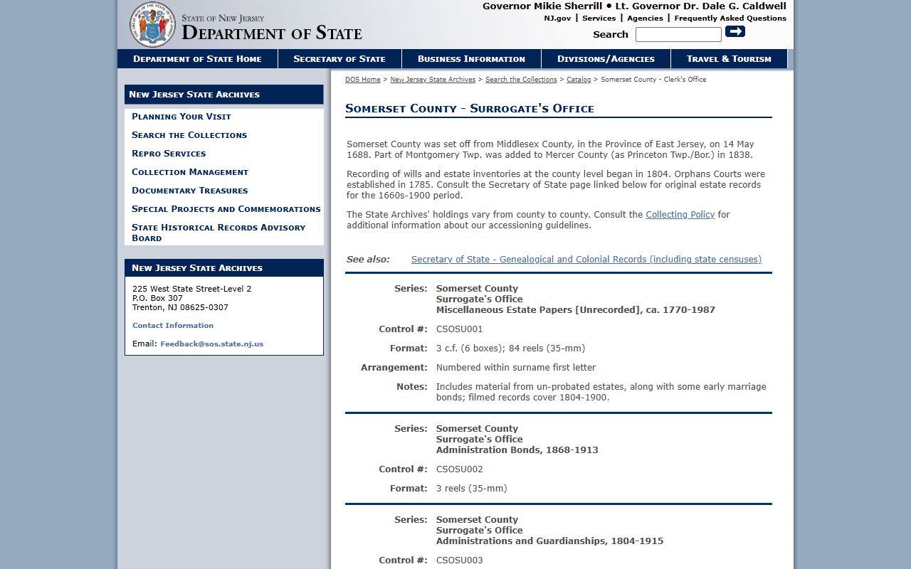 NJ State Archives listing of Somerset County probate court records on microfilm