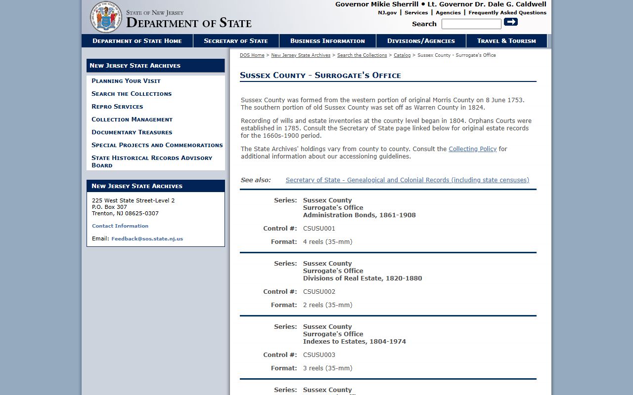 New Jersey State Archives catalog for Sussex County probate court records