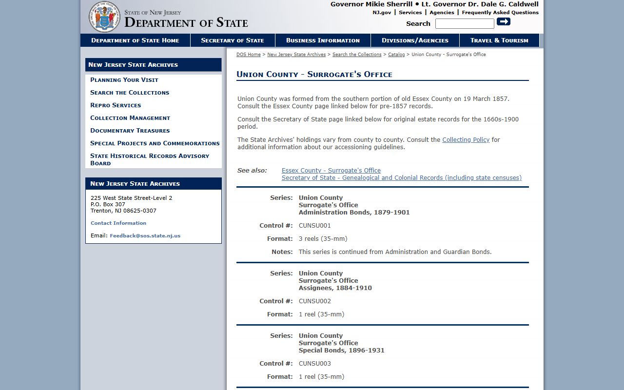 New Jersey State Archives catalog for Union County probate court records