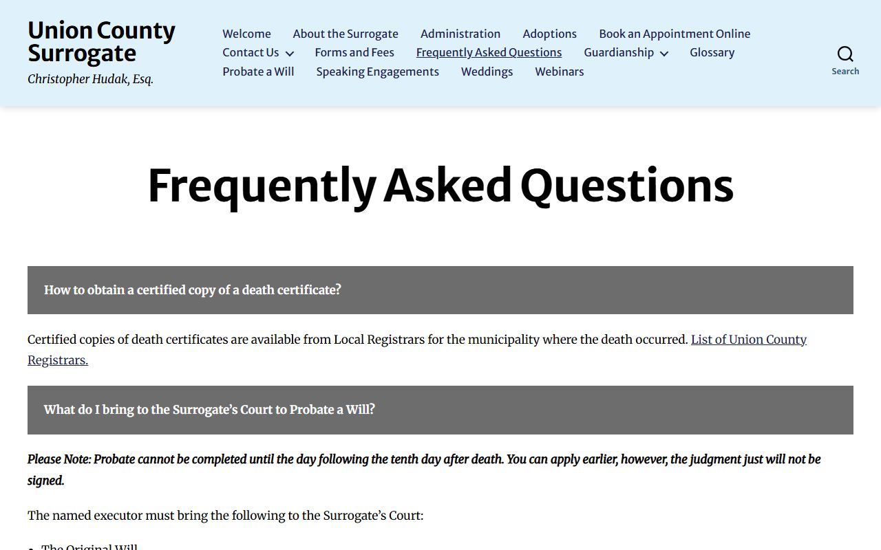 Union County Surrogate FAQ page for probate court records