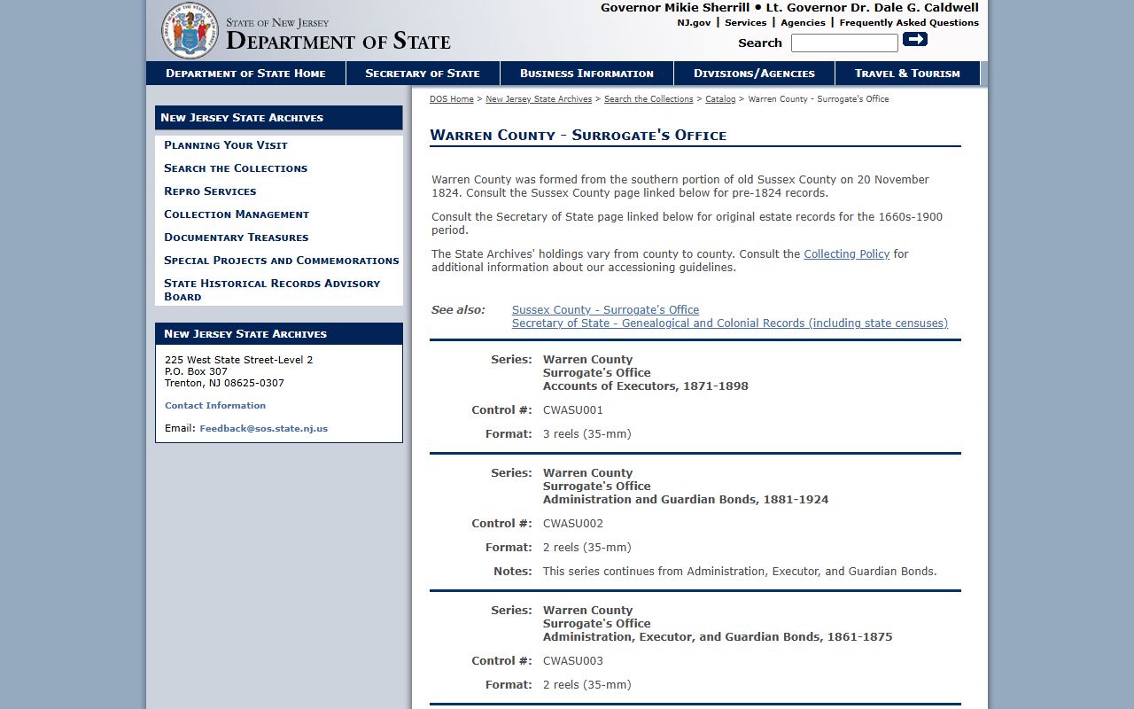 New Jersey State Archives catalog for Warren County probate court records