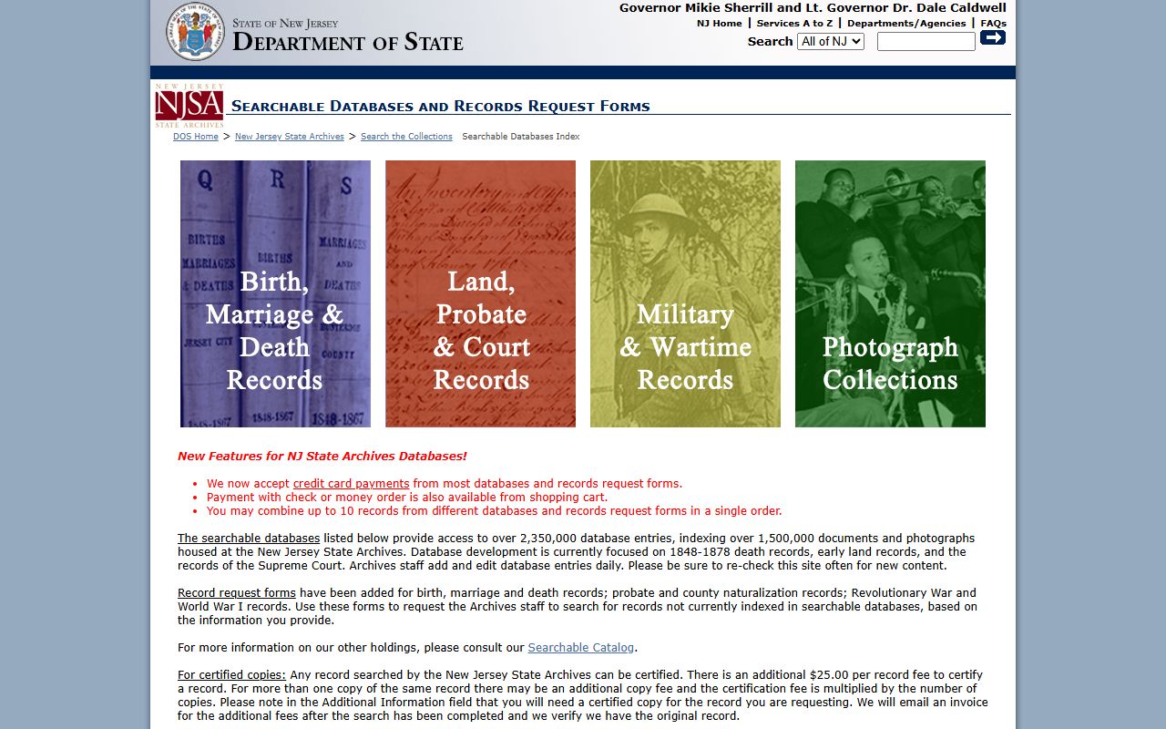New Jersey State Archives searchable databases for probate court records